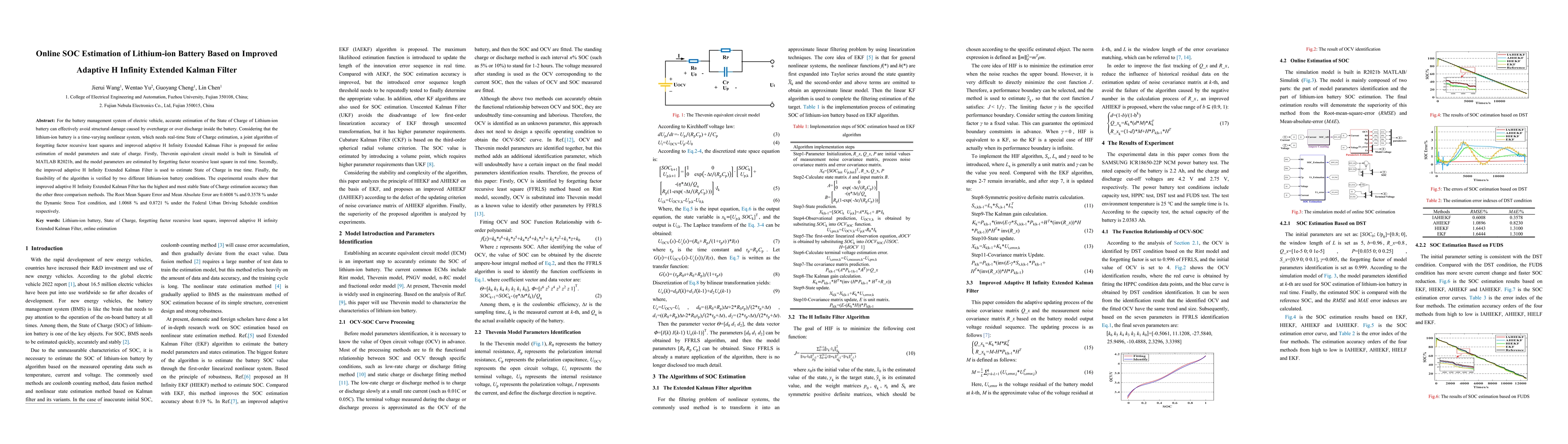 Thumbnail for Online SOC Estimation of Lithium-ion Battery Based on Improved Adaptive
  H Infinity Extended Kalman Filter