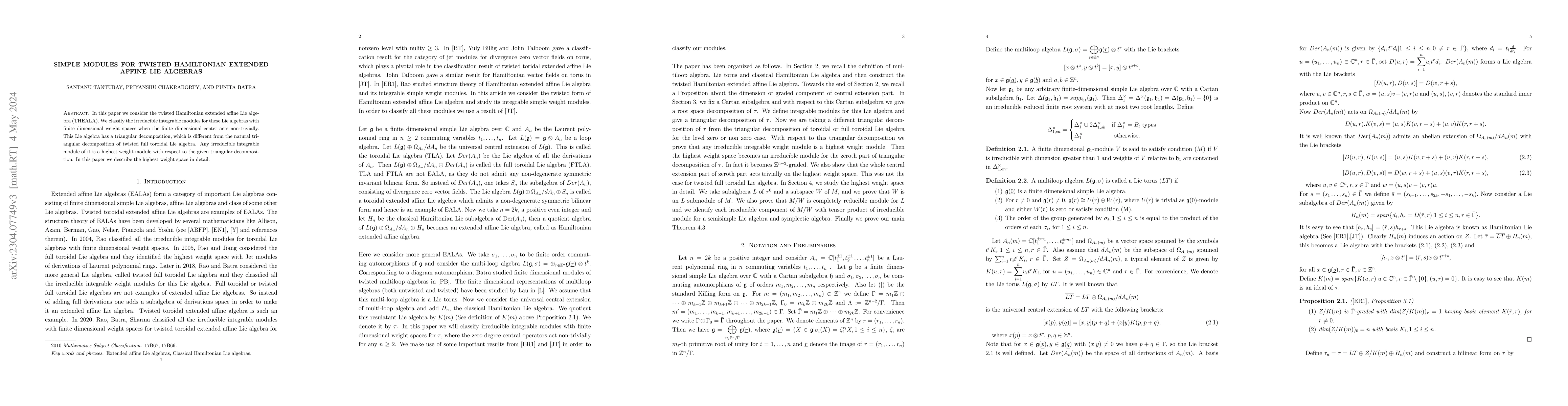Thumbnail for Simple Modules For Twisted Hamiltonian Extended Affine Lie Algebras