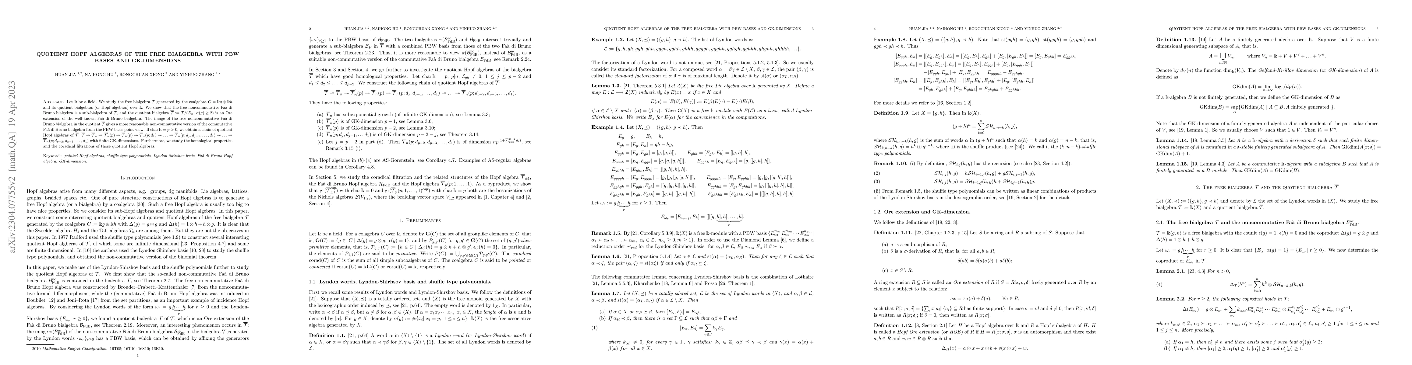 Thumbnail for Quotient Hopf algebras of the free bialgebra with PBW bases and
  GK-dimensions