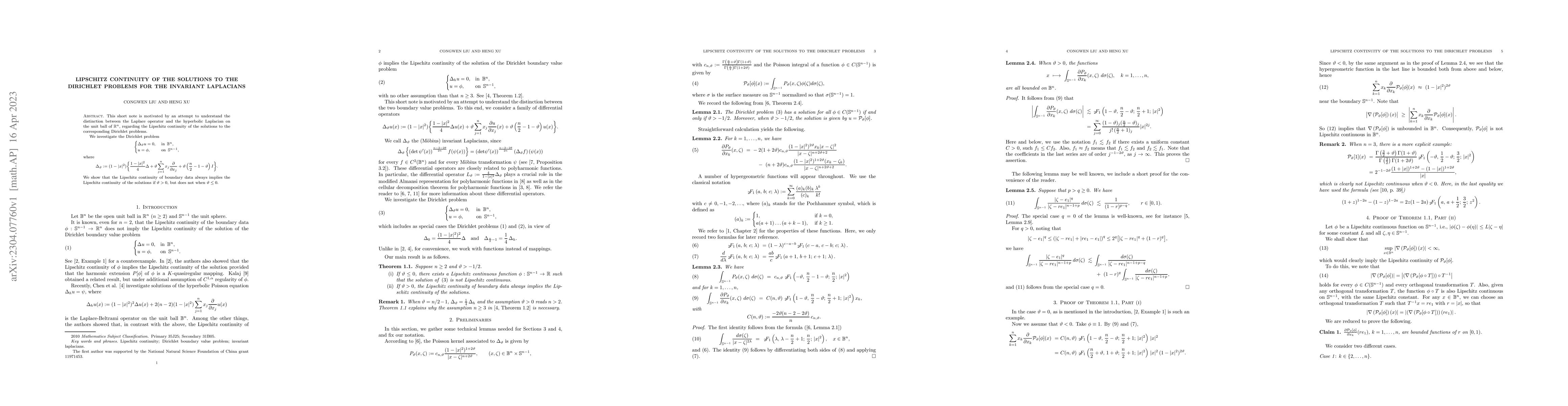Thumbnail for Lipschitz continuity of the solutions to the Dirichlet problems for the
  invariant laplacians