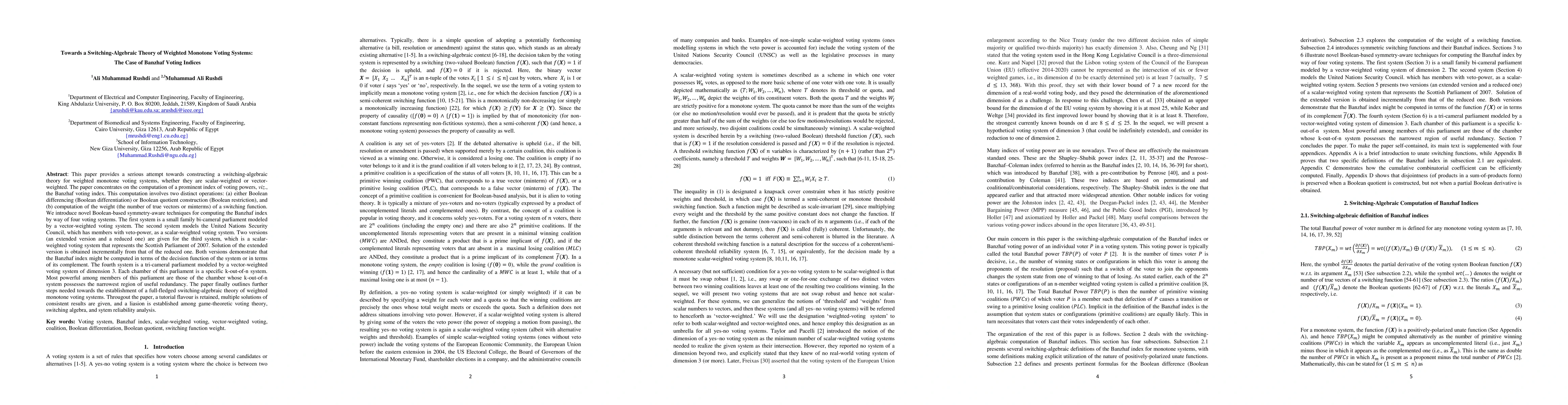 Thumbnail for Towards a Switching-Algebraic Theory of Weighted Monotone Voting
  Systems: The Case of Banzhaf Voting Indices