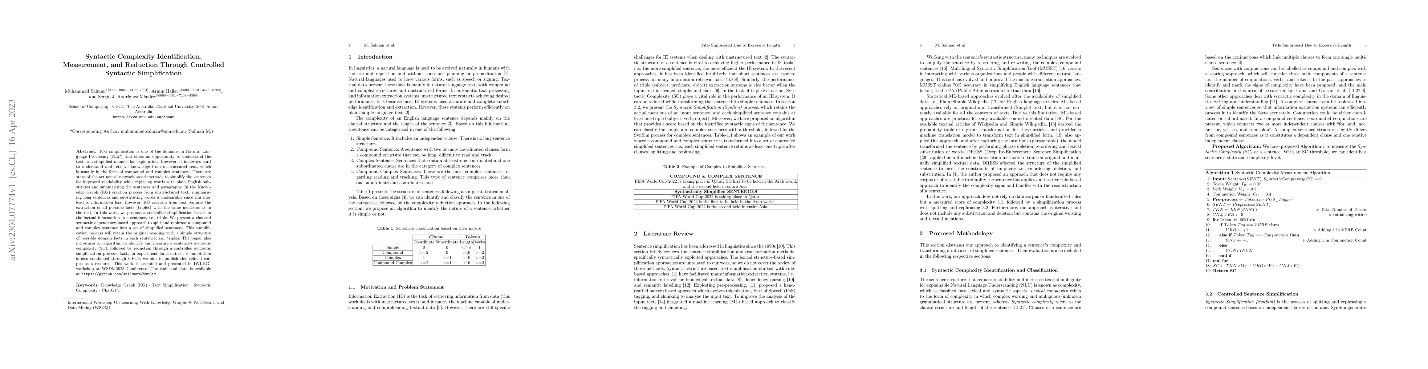 Thumbnail for Syntactic Complexity Identification, Measurement, and Reduction Through
  Controlled Syntactic Simplification