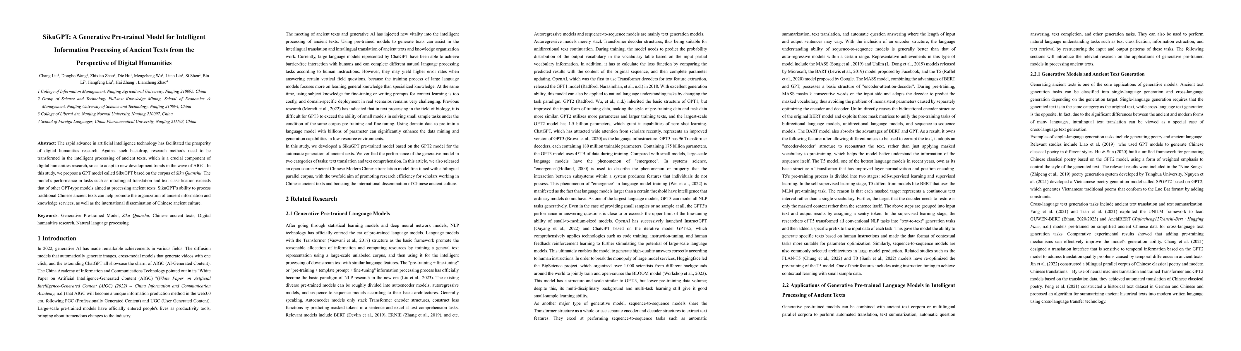 Thumbnail for SikuGPT: A Generative Pre-trained Model for Intelligent Information
  Processing of Ancient Texts from the Perspective of Digital Humanities