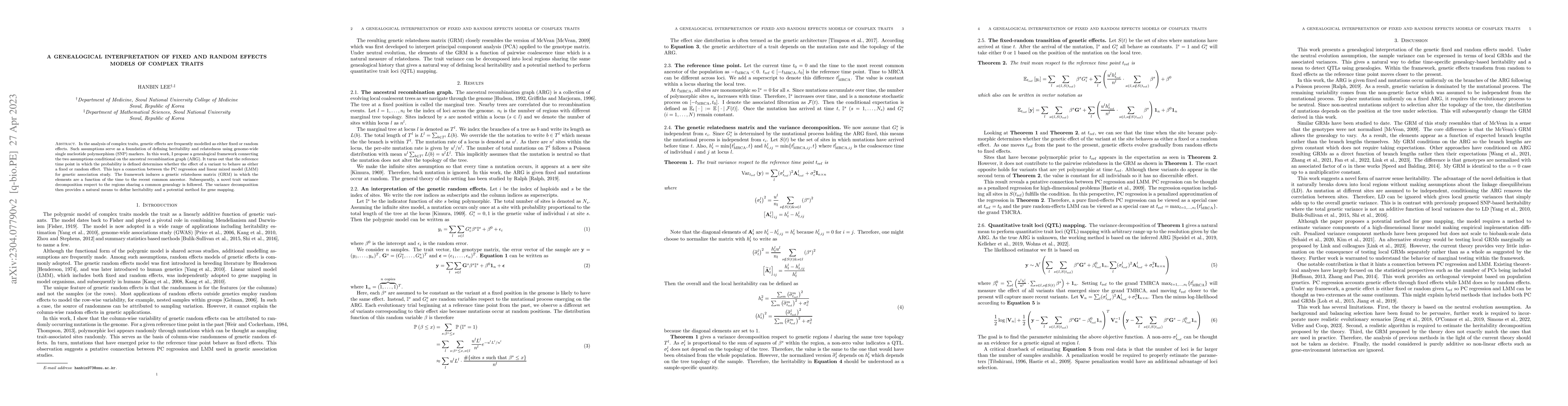 Thumbnail for A genealogical interpretation of fixed and random effects models of
  complex traits