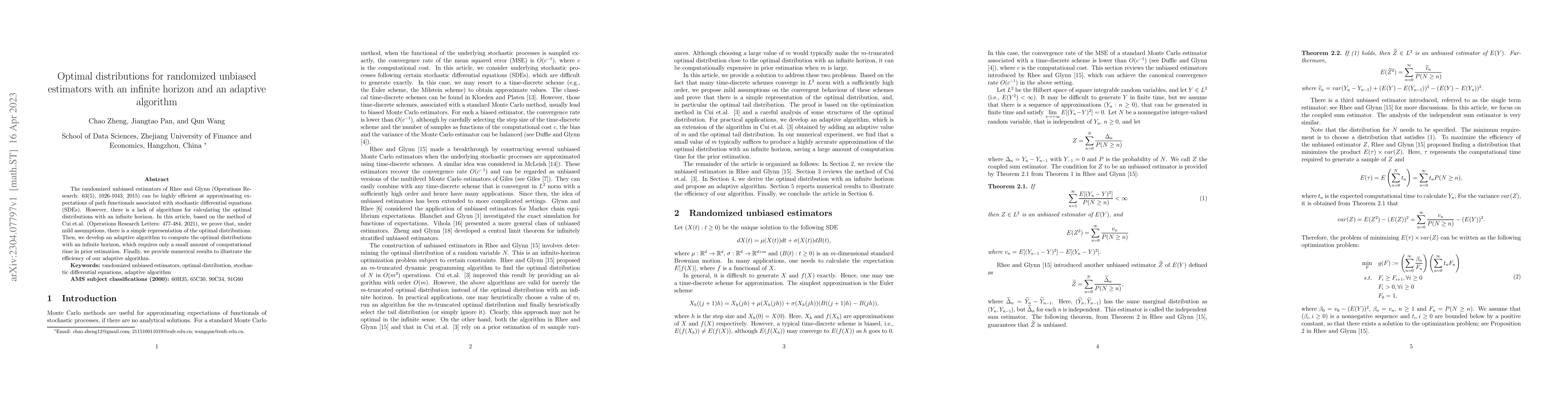 Thumbnail for Optimal distributions for randomized unbiased estimators with an
  infinite horizon and an adaptive algorithm