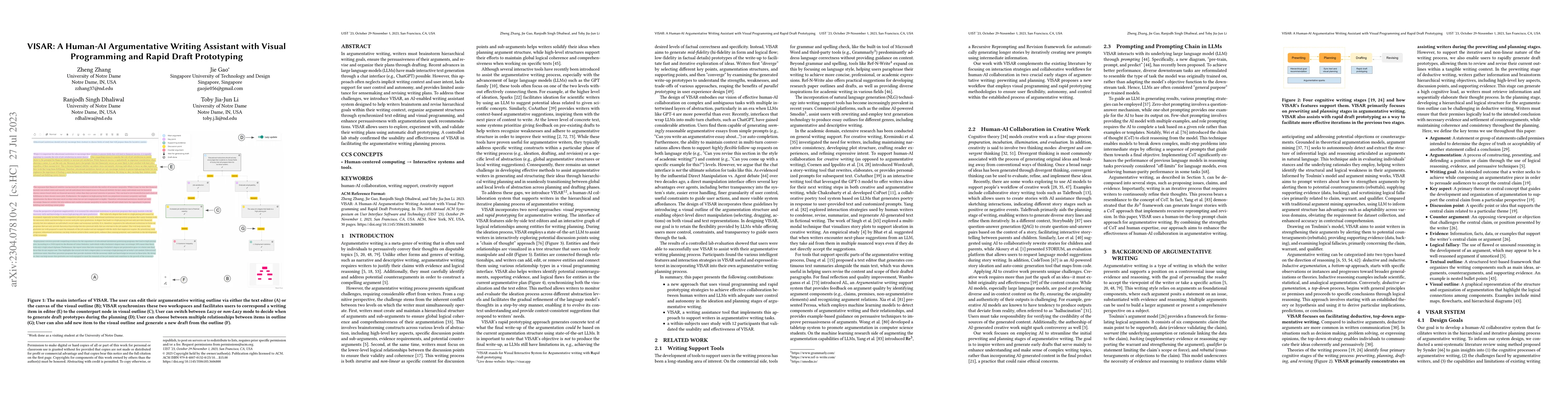 Thumbnail for VISAR: A Human-AI Argumentative Writing Assistant with Visual
  Programming and Rapid Draft Prototyping