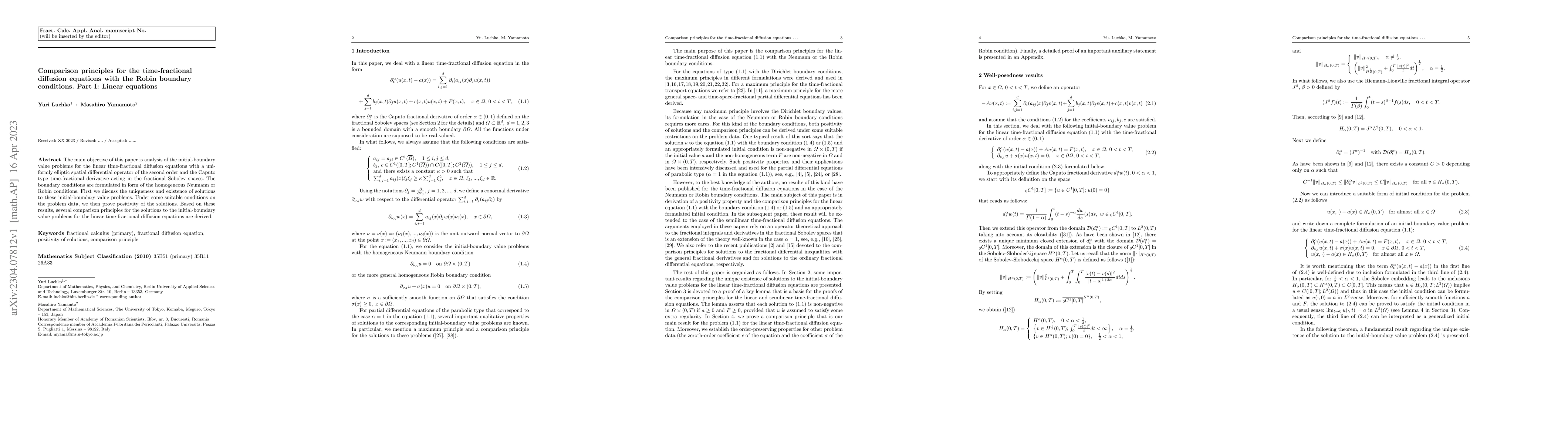 Thumbnail for Comparison principles for the time-fractional diffusion equations with
  the Robin boundary conditions. Part I: Linear equations