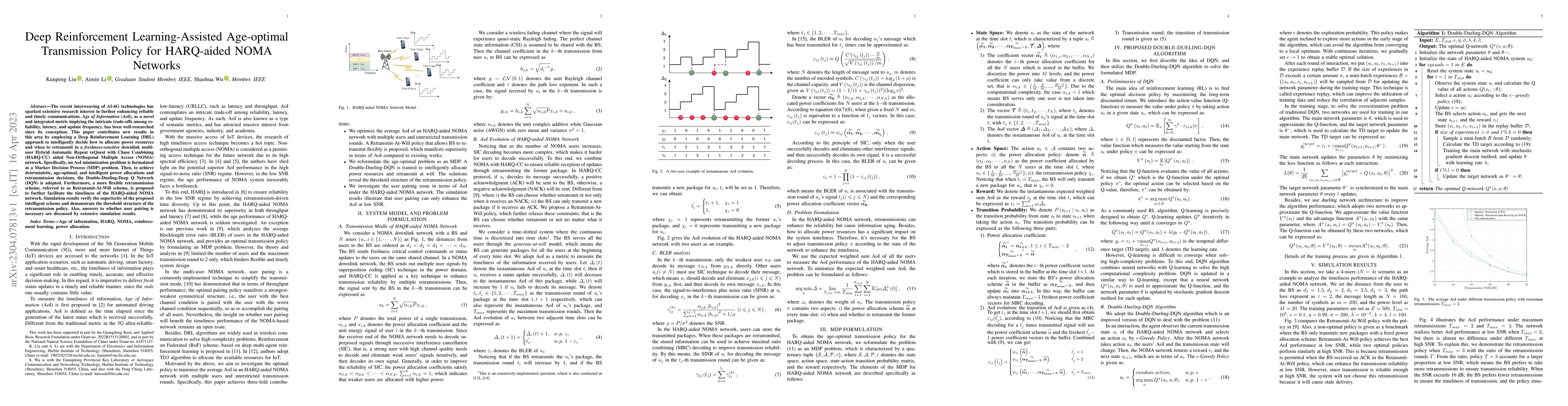 Thumbnail for Deep Reinforcement Learning-Assisted Age-optimal Transmission Policy for
  HARQ-aided NOMA Networks