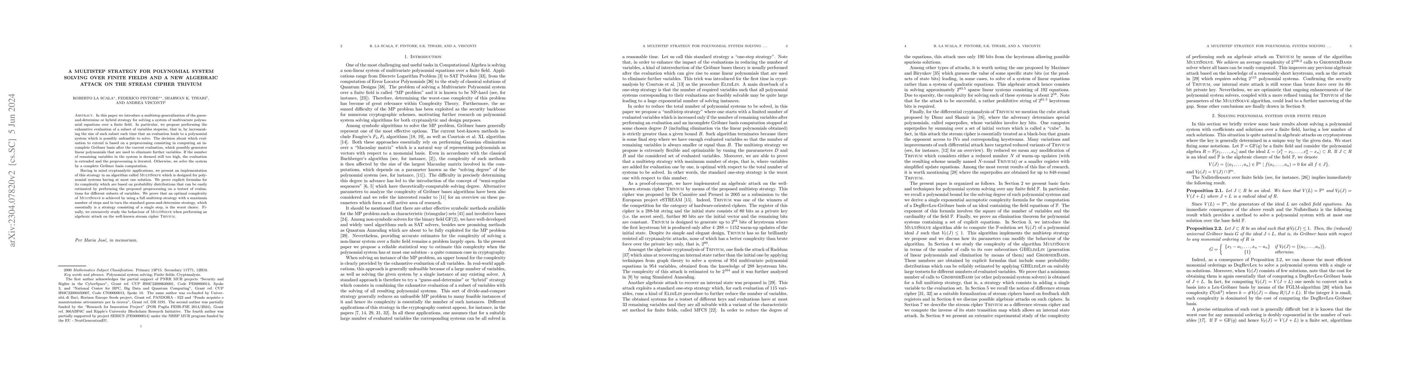 Thumbnail for A multistep strategy for polynomial system solving over finite fields
  and a new algebraic attack on the stream cipher Trivium