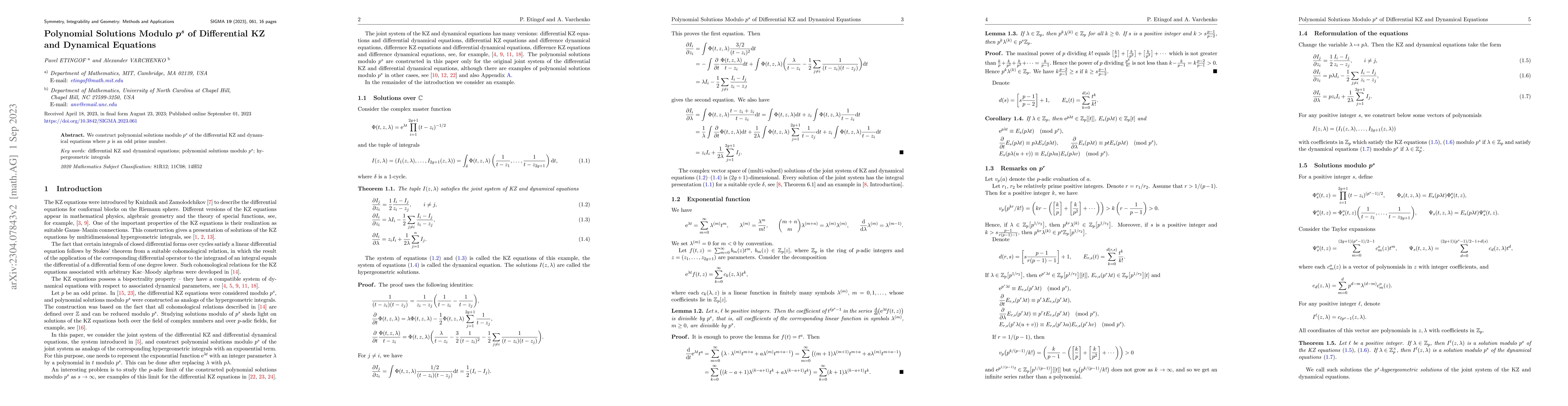 Thumbnail for Polynomial Solutions Modulo $p^s$ of Differential KZ and Dynamical
  Equations