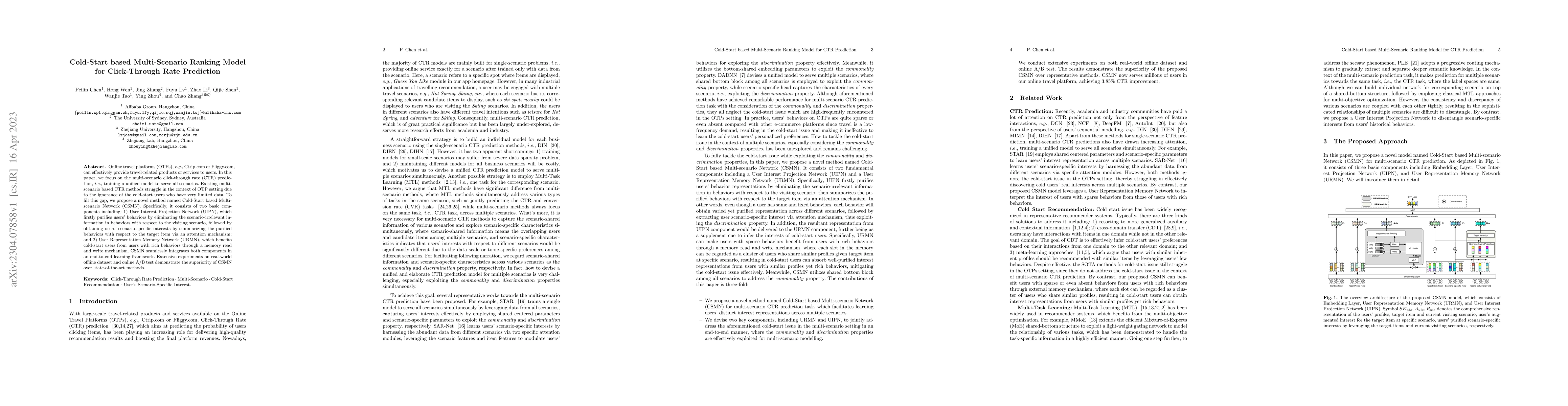 Thumbnail for Cold-Start based Multi-Scenario Ranking Model for Click-Through Rate
  Prediction