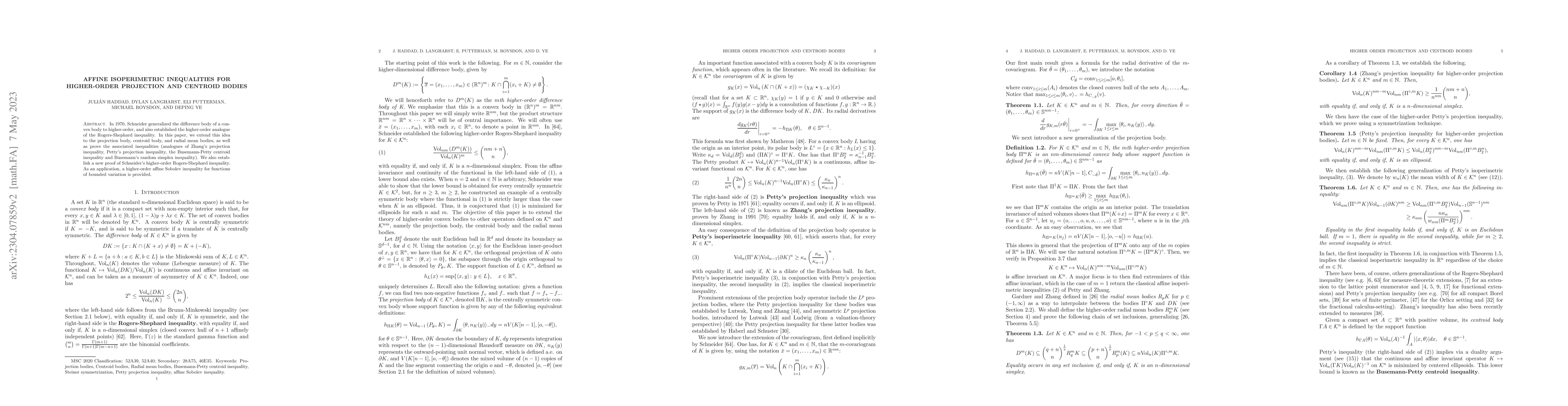Thumbnail for Affine Isoperimetric Inequalities for Higher-Order Projection and
  Centroid Bodies
