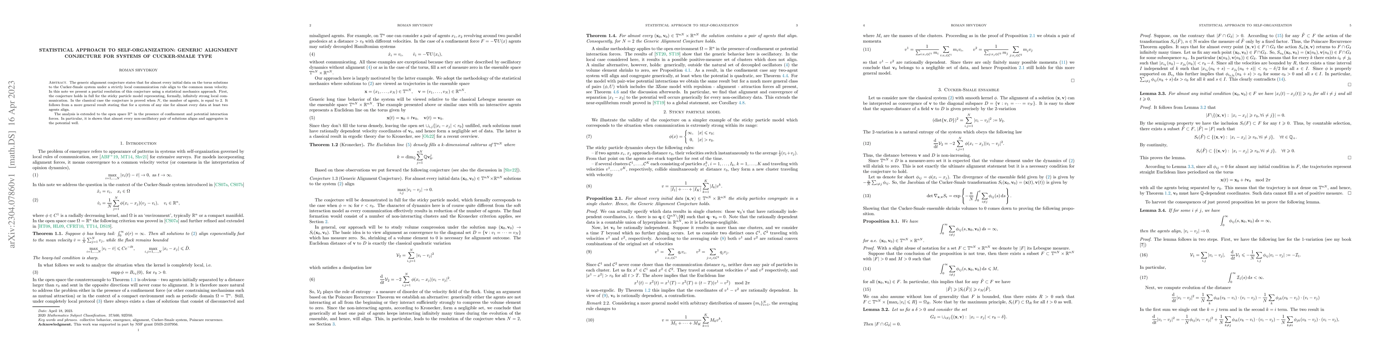 Thumbnail for Statistical approach to self-organization: generic alignment conjecture
  for systems of Cucker-Smale type