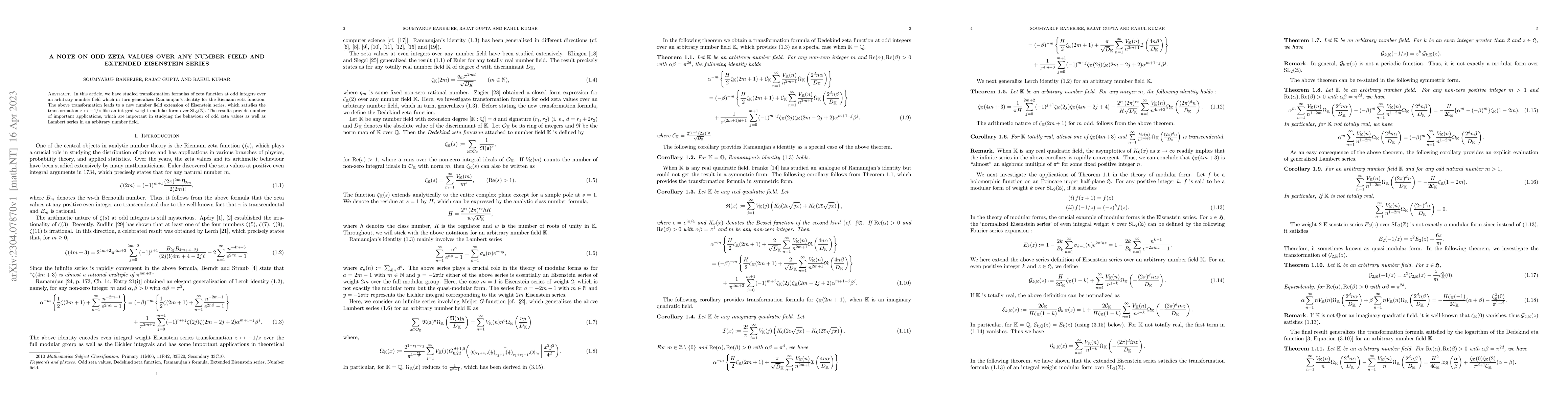 Thumbnail for A note on odd zeta values over any number field and Extended Eisenstein
  series
