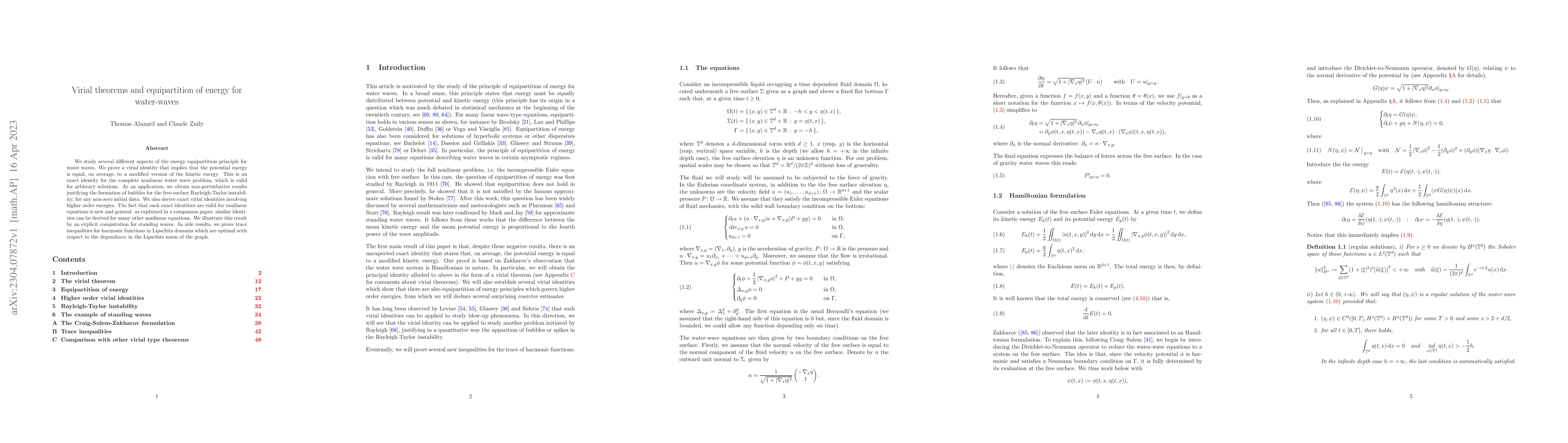 Thumbnail for Virial theorems and equipartition of energy for water-waves