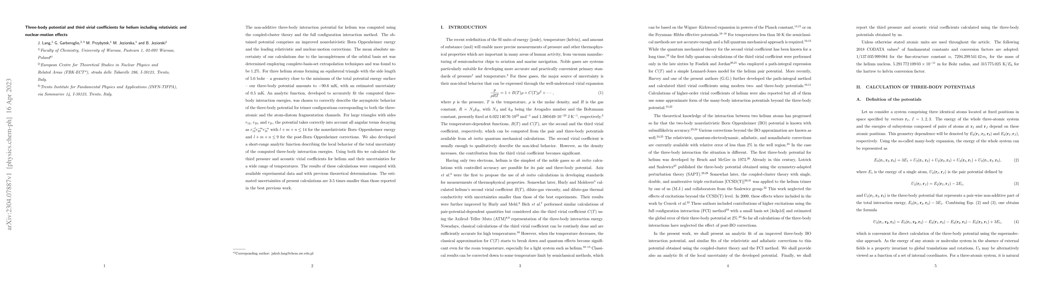 Thumbnail for Three-body potential and third virial coefficients for helium including
  relativistic and nuclear-motion effects