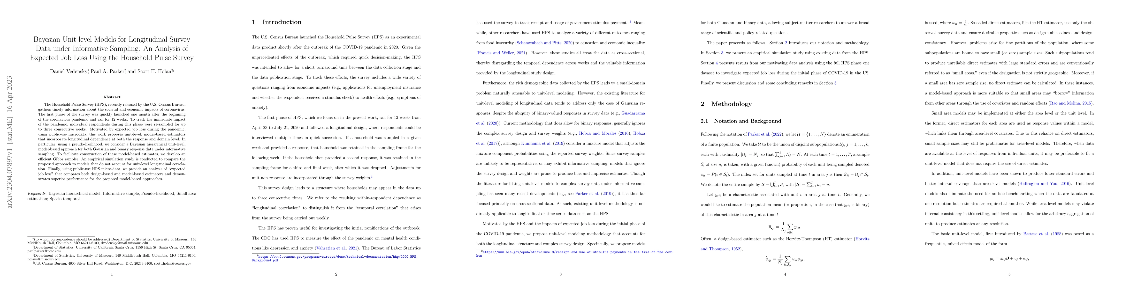 Thumbnail for Bayesian Unit-level Models for Longitudinal Survey Data under
  Informative Sampling: An Analysis of Expected Job Loss Using the Household
  Pulse Survey