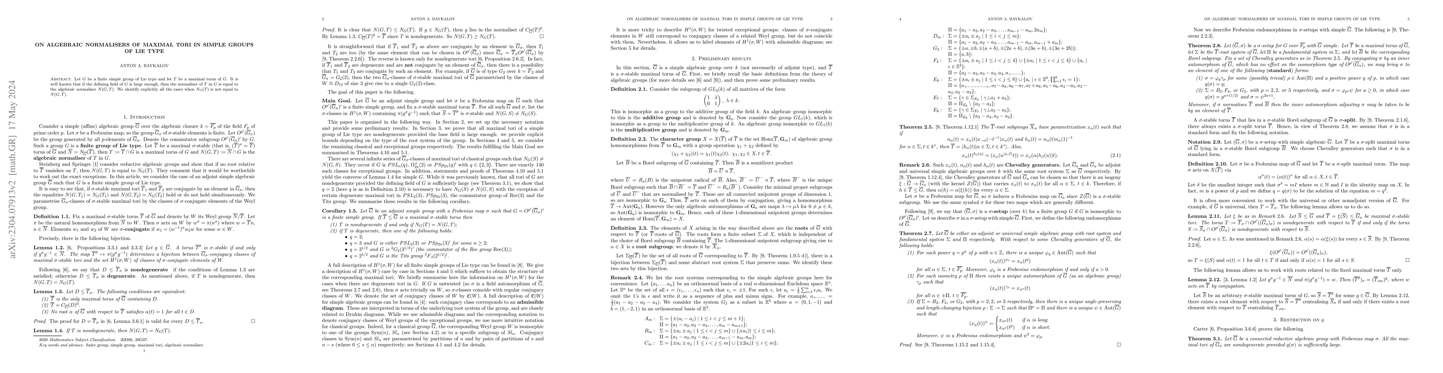 Thumbnail for On algebraic normalisers of maximal tori in simple groups of Lie type