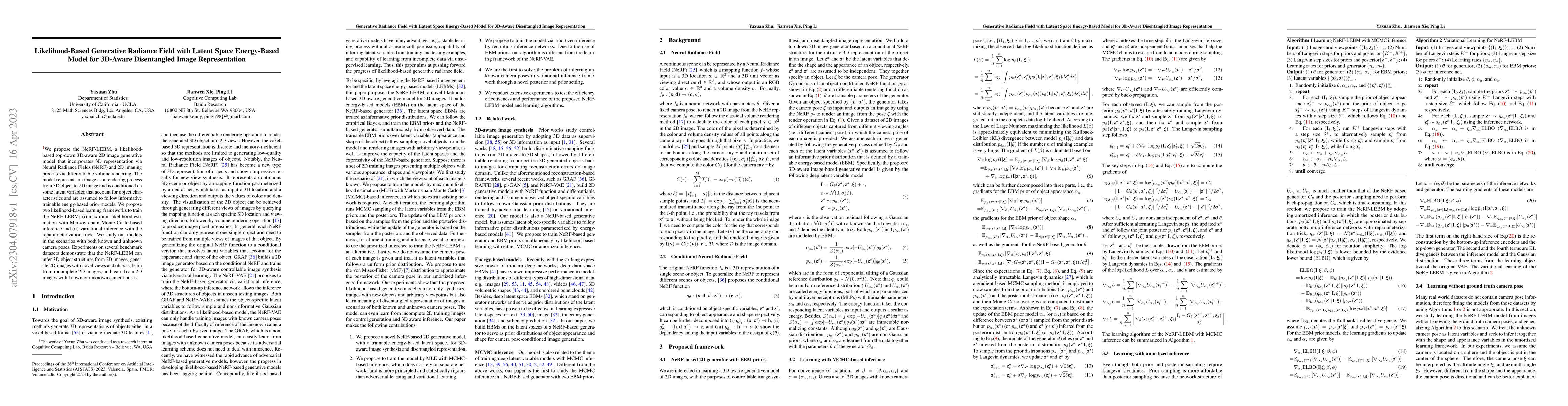 Thumbnail for Likelihood-Based Generative Radiance Field with Latent Space
  Energy-Based Model for 3D-Aware Disentangled Image Representation