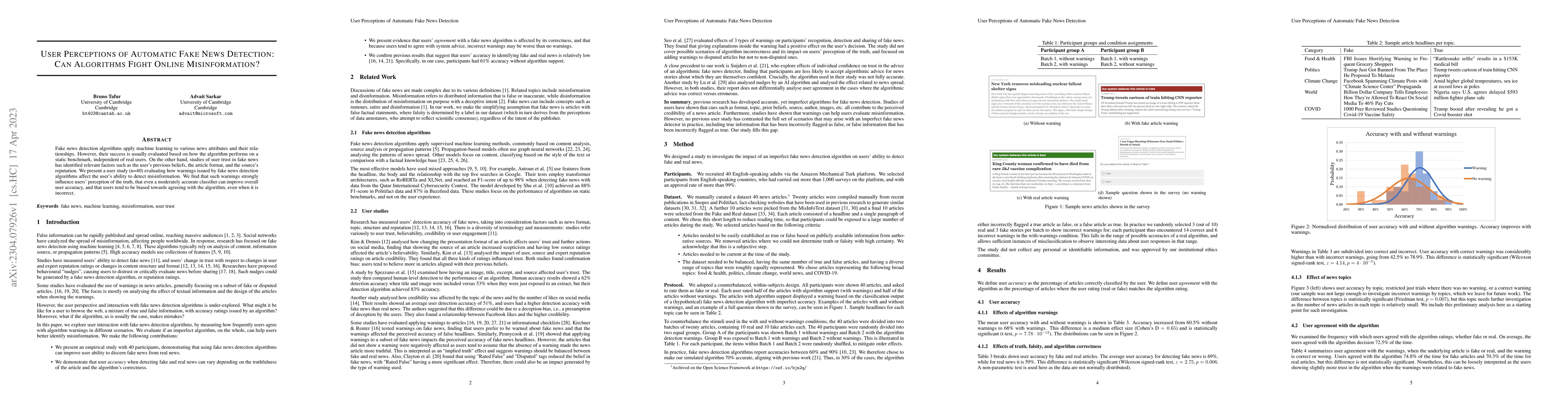 Thumbnail for User Perceptions of Automatic Fake News Detection: Can Algorithms Fight
  Online Misinformation?