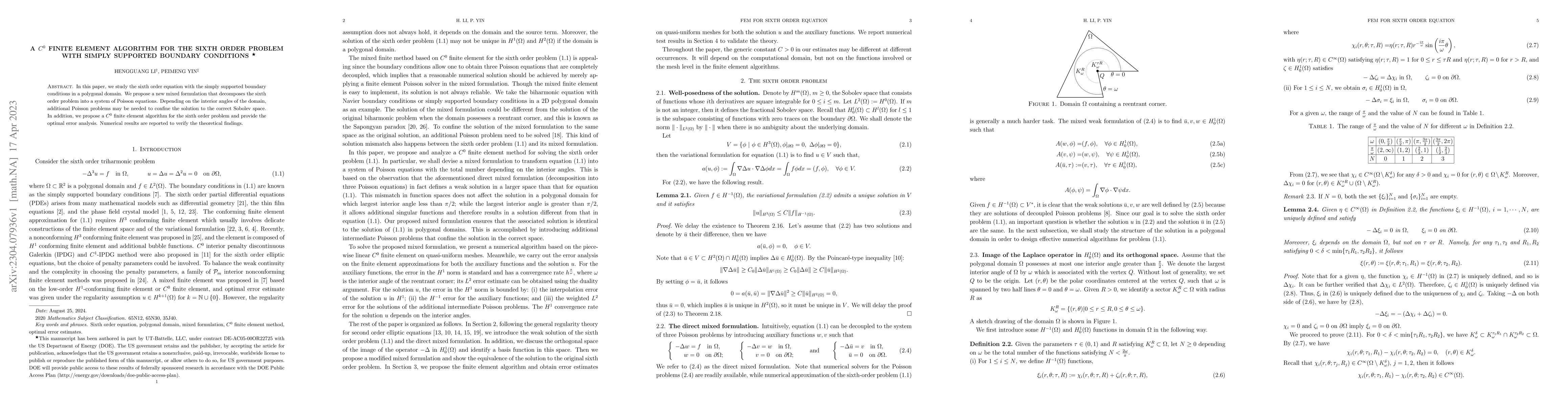 Thumbnail for A $C^0$ finite element algorithm for the sixth order problem with simply
  supported boundary conditions