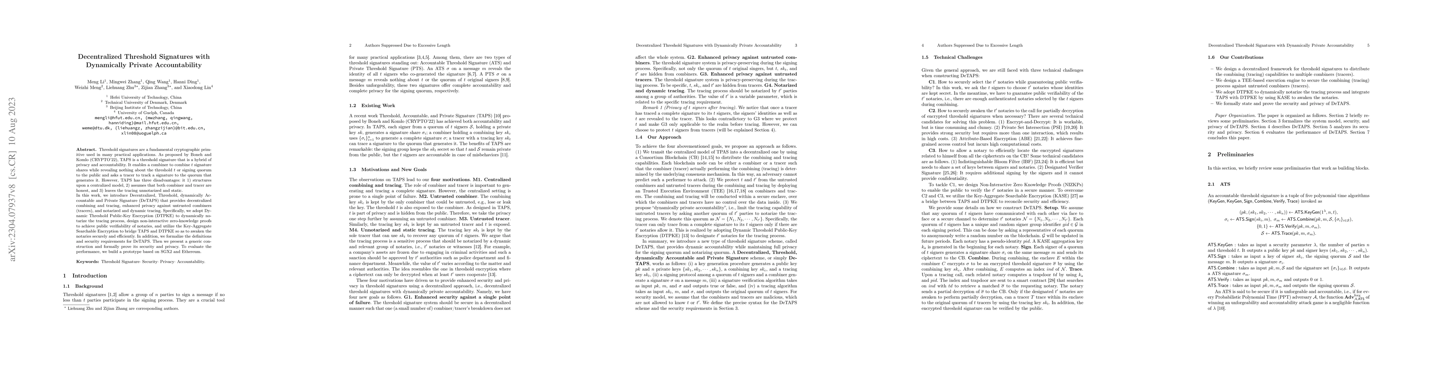 Thumbnail for Decentralized Threshold Signatures with Dynamically Private
  Accountability