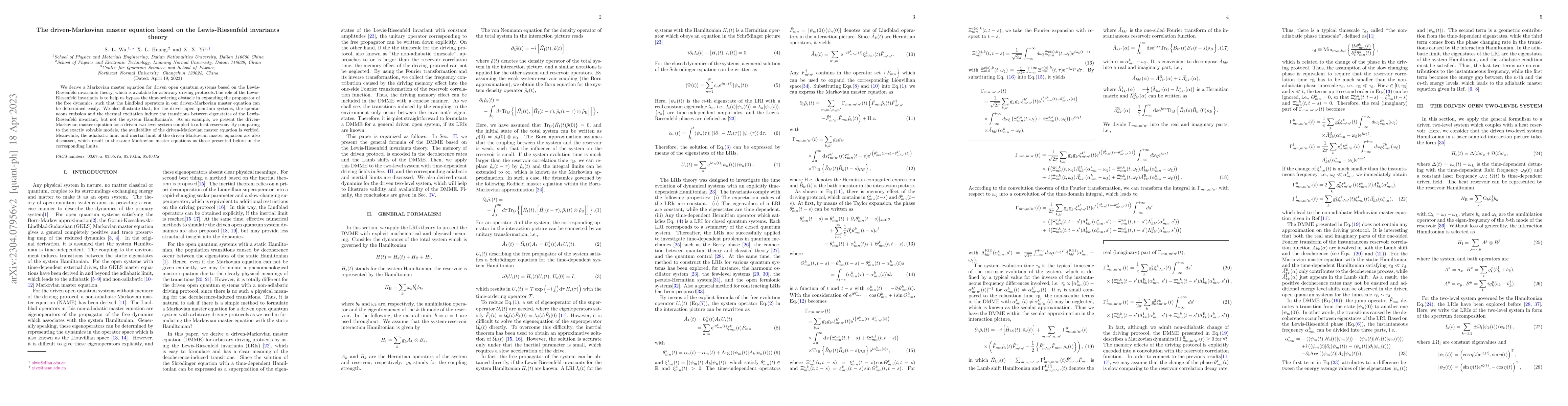 Thumbnail for The driven-Markovian master equation based on the Lewis-Riesenfeld
  invariants theory