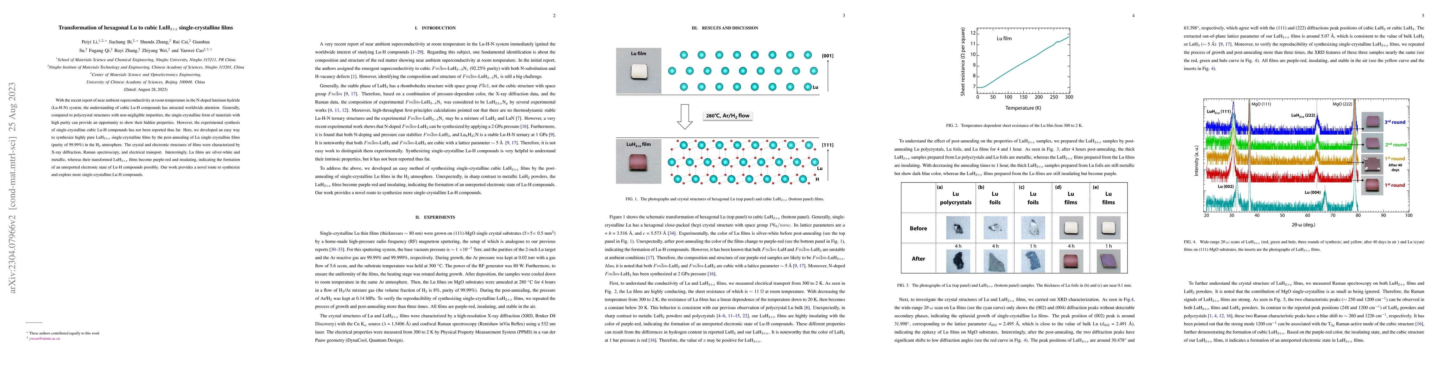 Thumbnail for Transformation of hexagonal Lu to cubic LuH$_{2+x}$ single-crystalline
  films