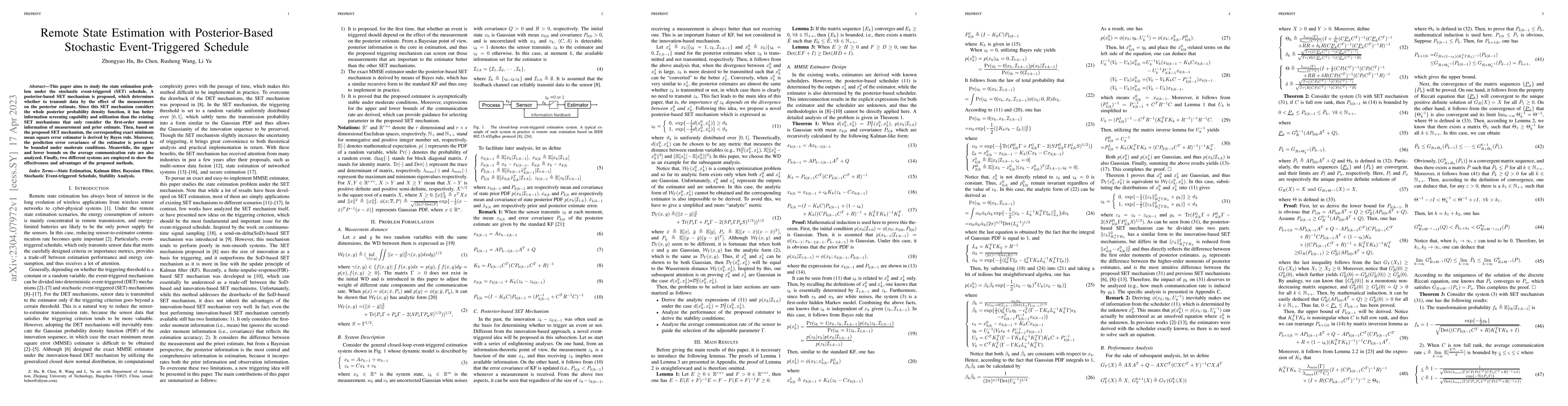 Thumbnail for Remote State Estimation with Posterior-Based Stochastic Event-Triggered
  Schedule