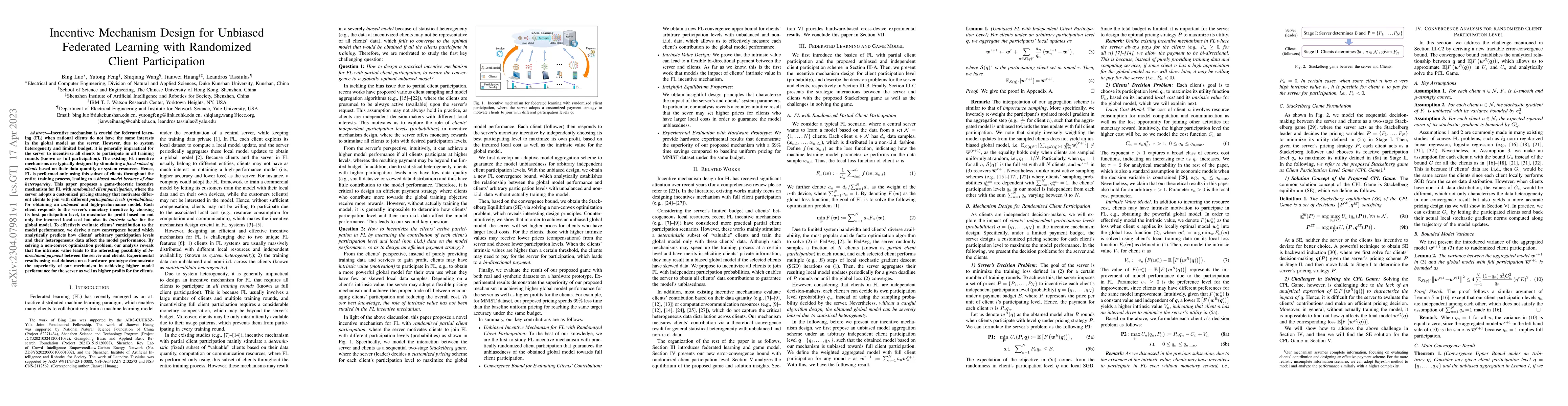 Thumbnail for Incentive Mechanism Design for Unbiased Federated Learning with
  Randomized Client Participation