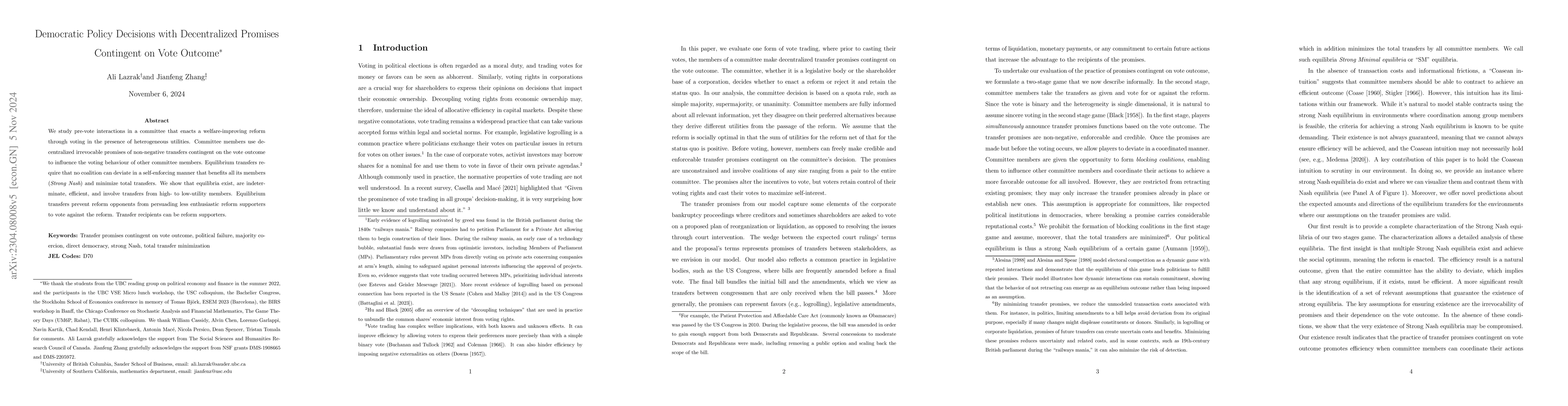 Thumbnail for Democratic Policy Decisions with Decentralized Promises Contingent on
  Vote Outcome