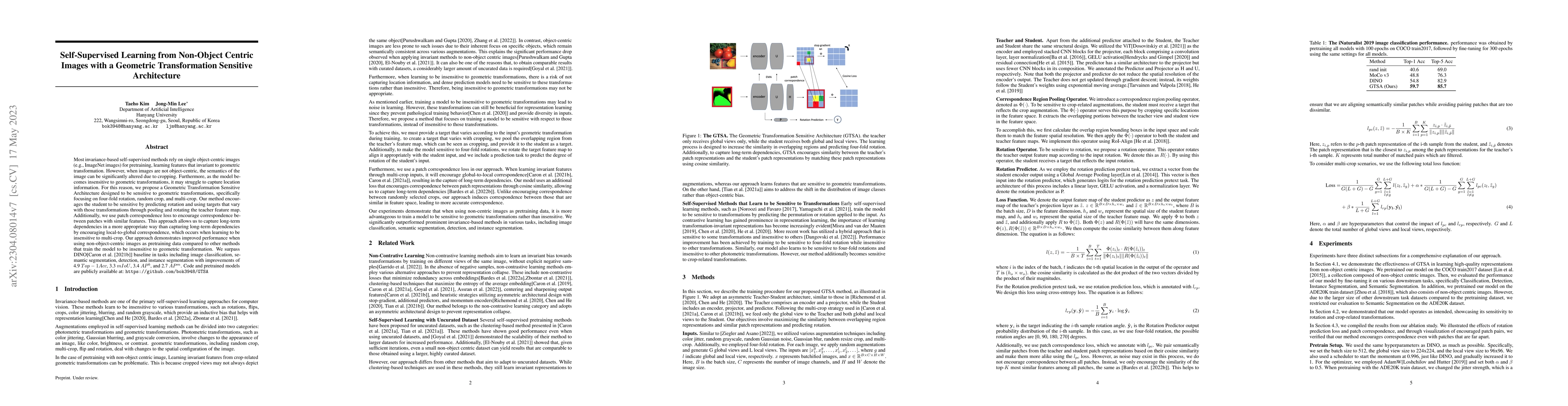Thumbnail for Self-Supervised Learning from Non-Object Centric Images with a Geometric
  Transformation Sensitive Architecture