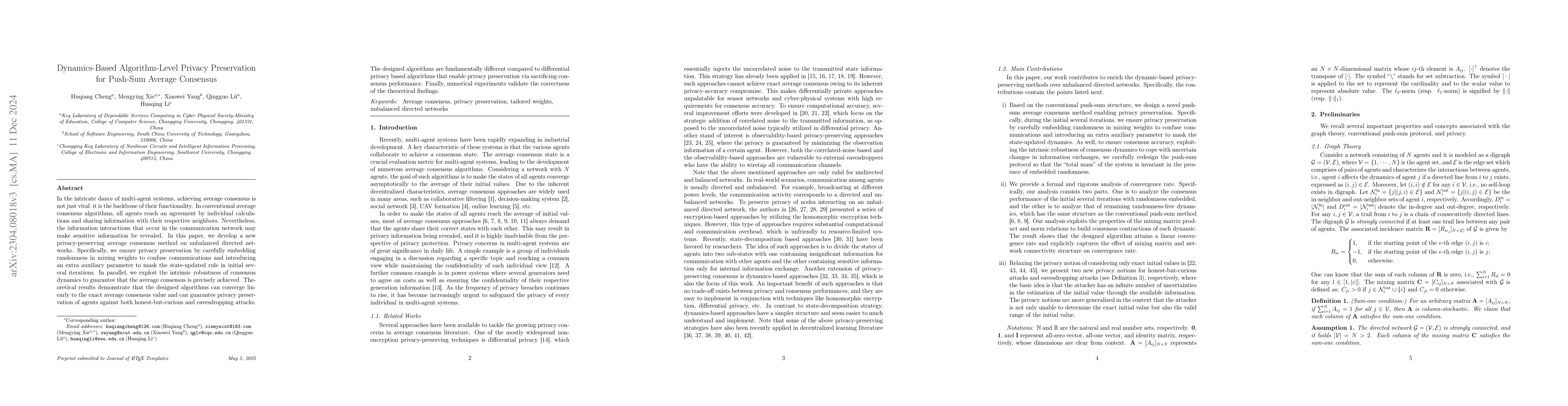 Thumbnail for Dynamics-Based Algorithm-Level Privacy Preservation for Push-Sum Average
  Consensus