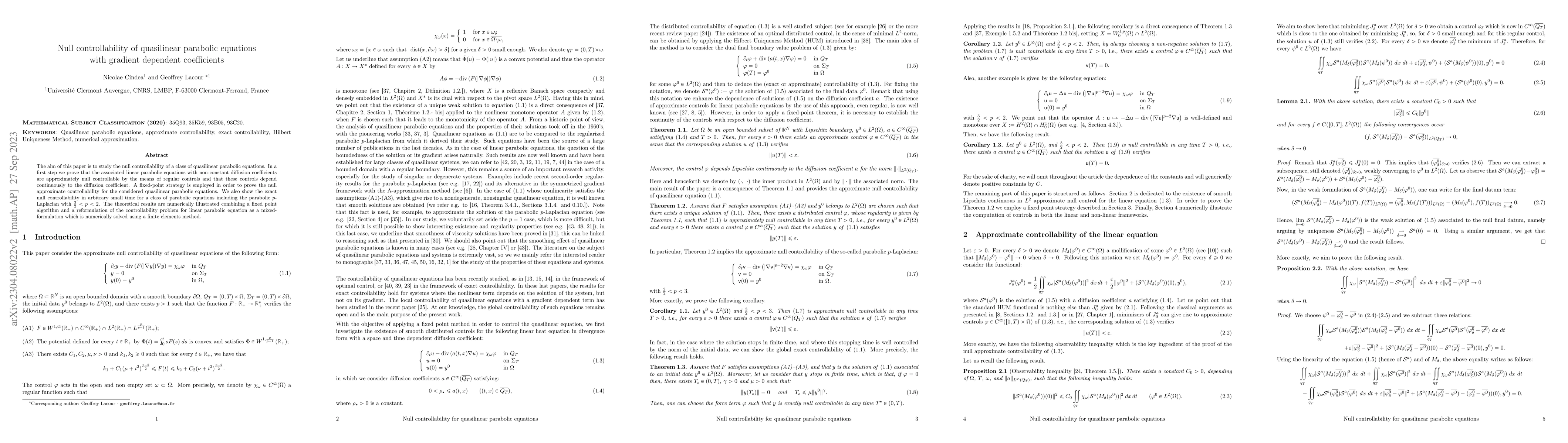Thumbnail for Null controllability of quasilinear parabolic equations with gradient
  dependent coefficients