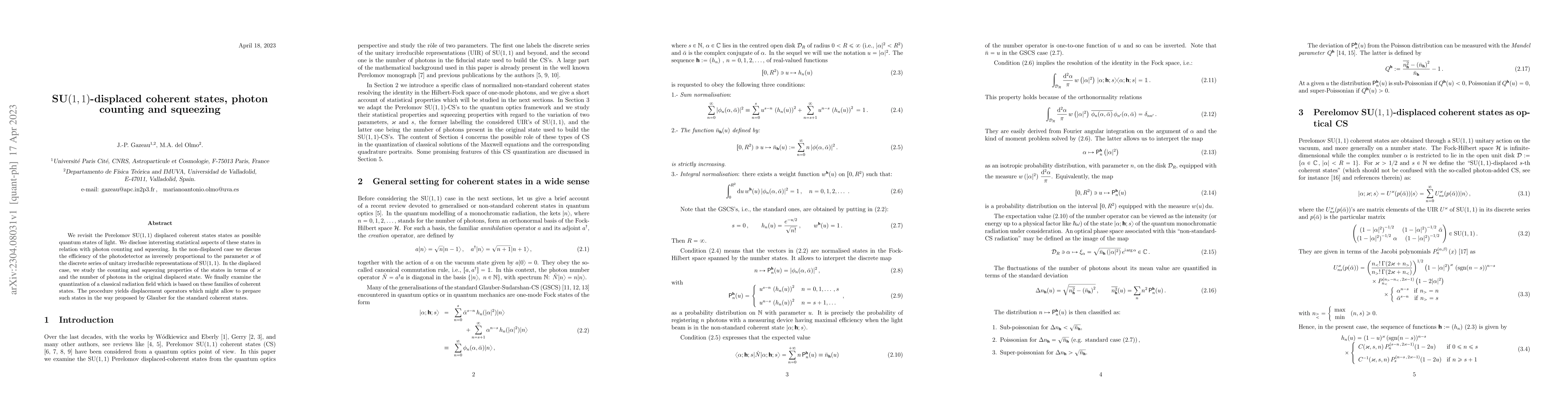 Thumbnail for SU(1,1)-displaced coherent states, photon counting and squeezing