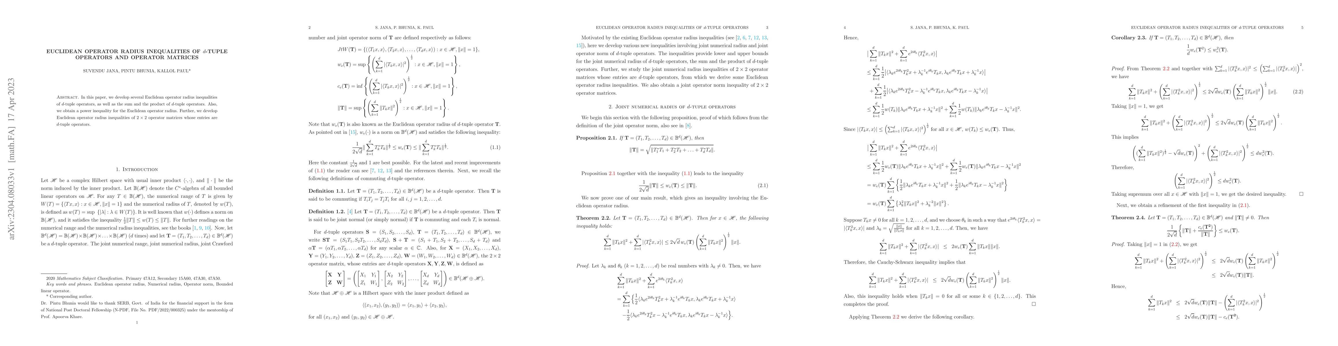 Thumbnail for Euclidean operator radius inequalities of $d$-tuple operators and
  operator matrices