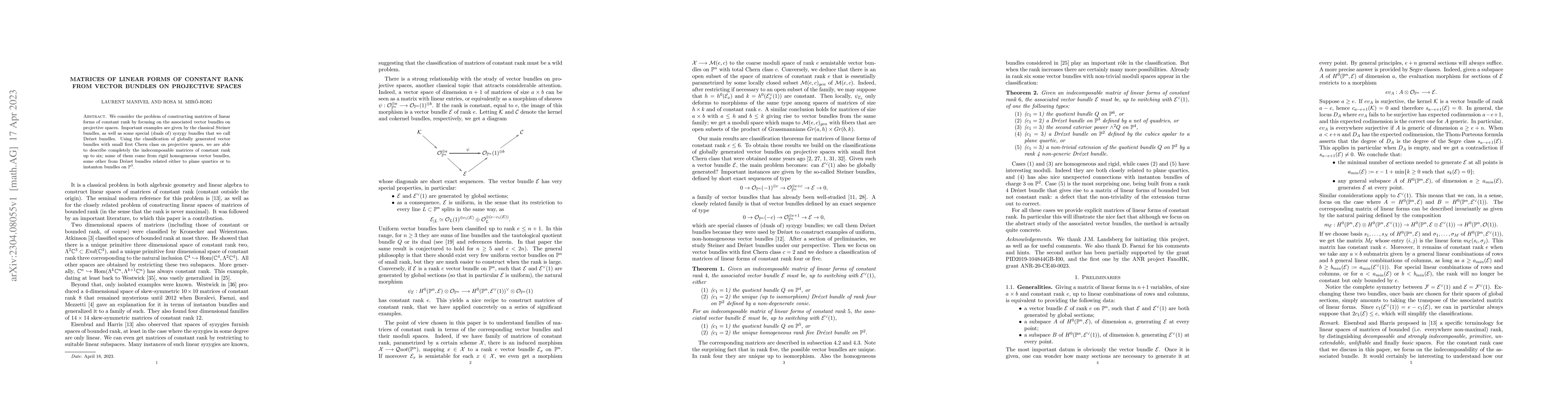 Thumbnail for Matrices of linear forms of constant rank from vector bundles on
  projective spaces
