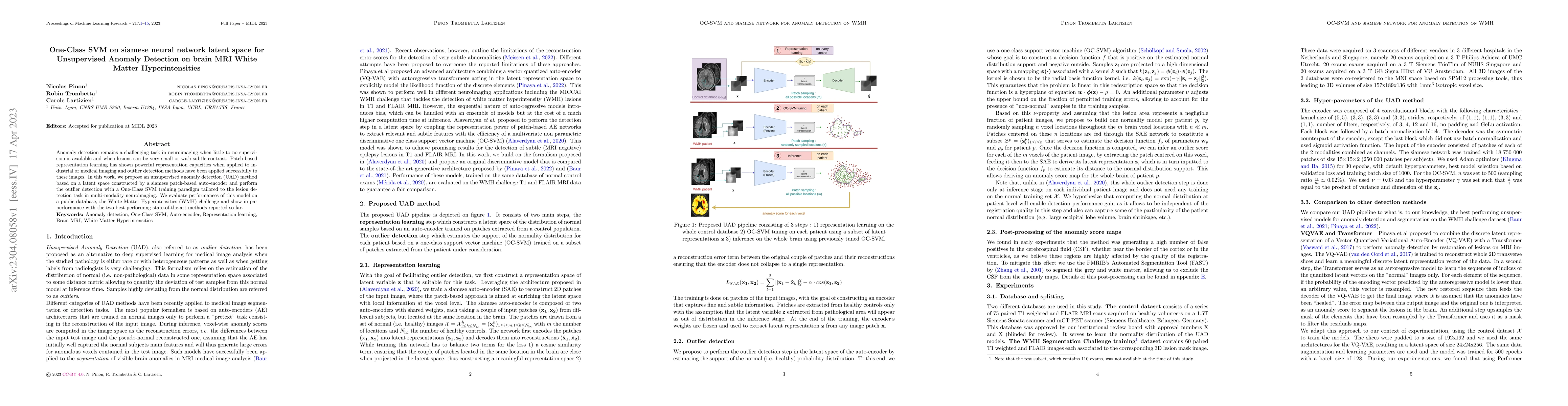 Thumbnail for One-Class SVM on siamese neural network latent space for Unsupervised
  Anomaly Detection on brain MRI White Matter Hyperintensities