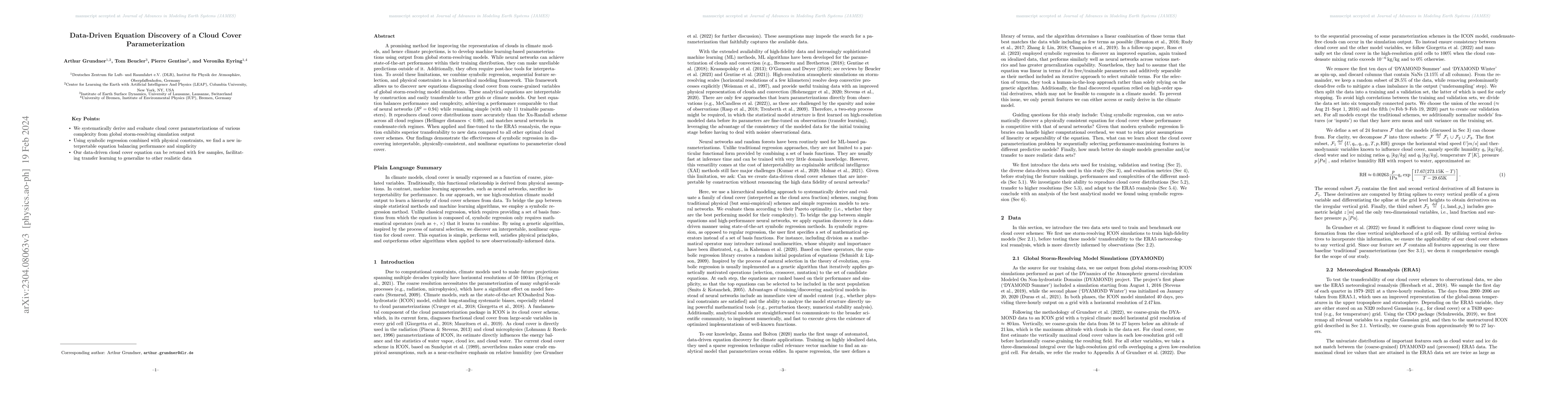 Thumbnail for Data-Driven Equation Discovery of a Cloud Cover Parameterization