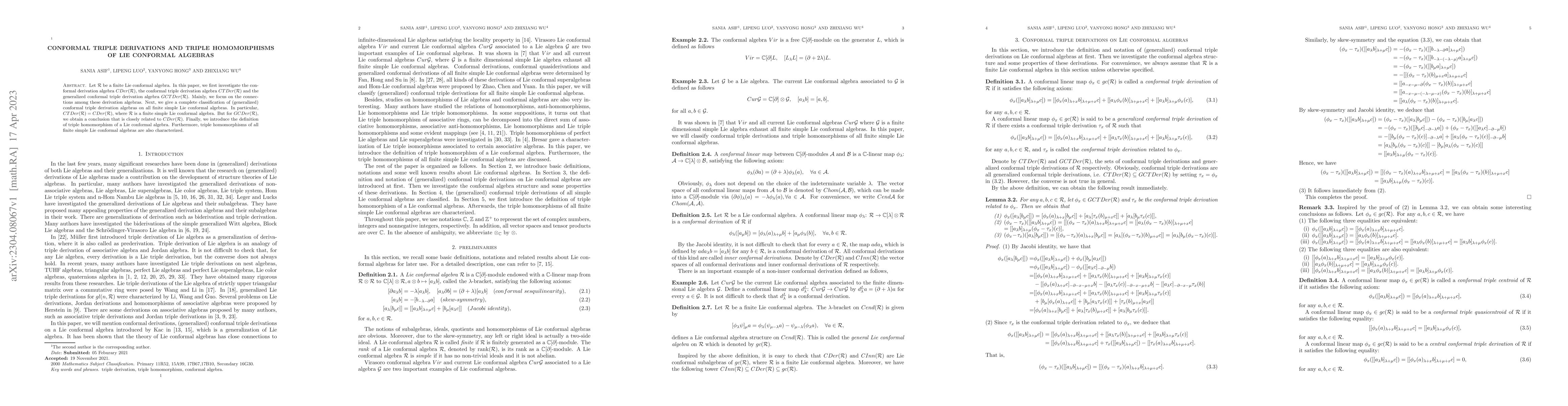 Thumbnail for Conformal triple derivations and triple homomorphisms of Lie conformal
  algebras