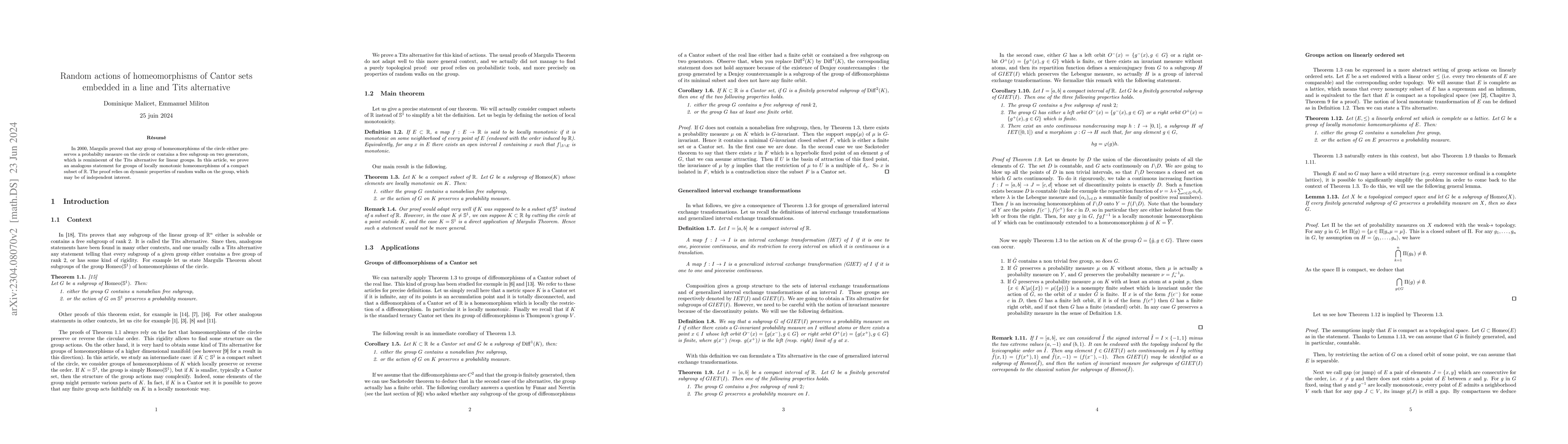 Thumbnail for Random actions of homeomorphisms of Cantor sets embedded in a line and
  Tits alternative