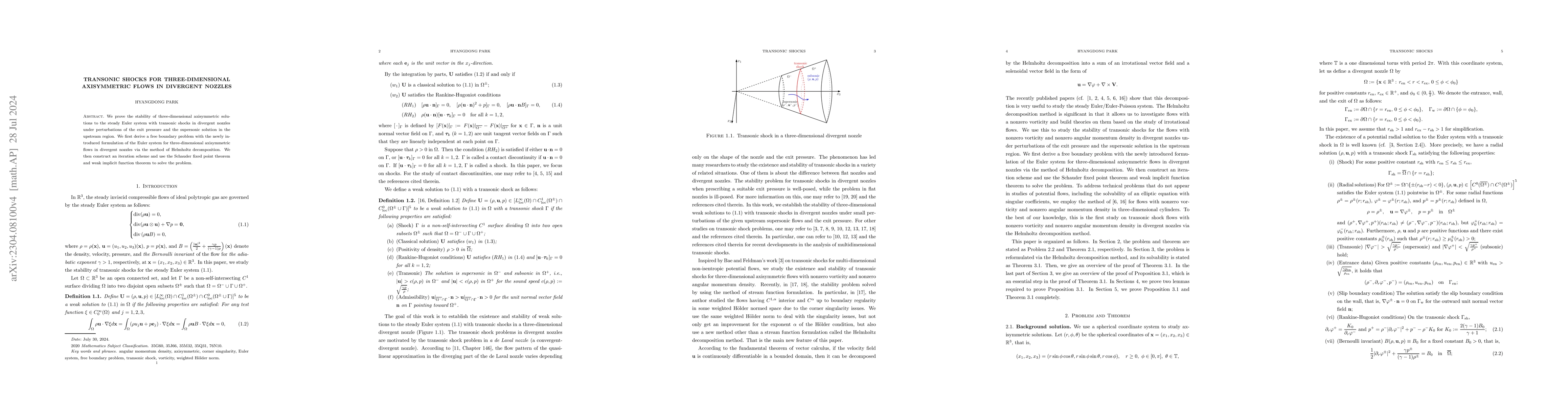 Thumbnail for Transonic shocks for three-dimensional axisymmetric flows in divergent
  nozzles