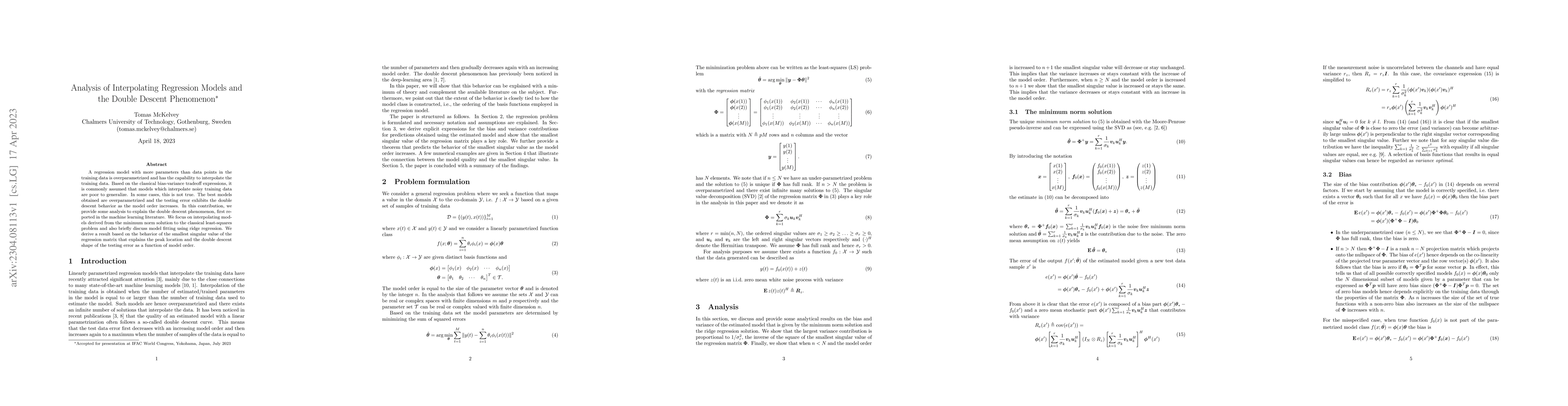 Thumbnail for Analysis of Interpolating Regression Models and the Double Descent
  Phenomenon