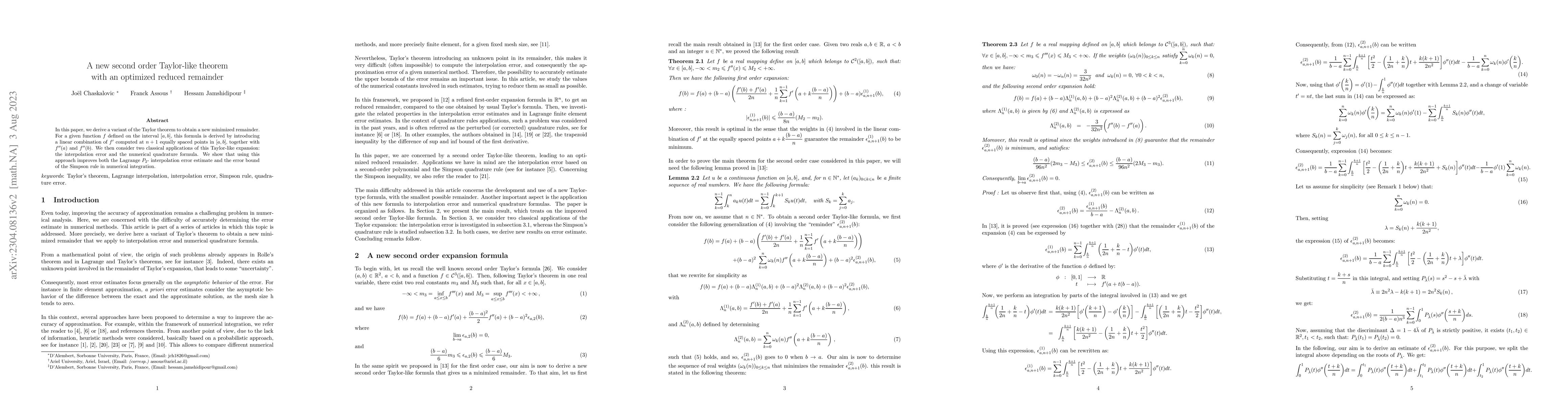 Thumbnail for A new second order Taylor-like theorem with an optimized reduced
  remainder