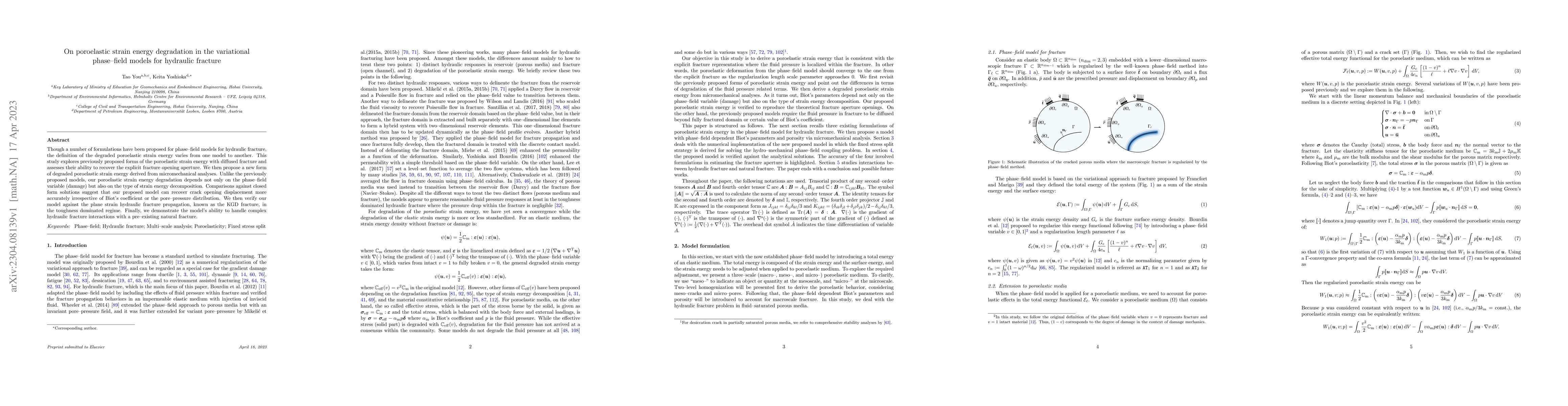 Thumbnail for On poroelastic strain energy degradation in the variational phase--field
  models for hydraulic fracture