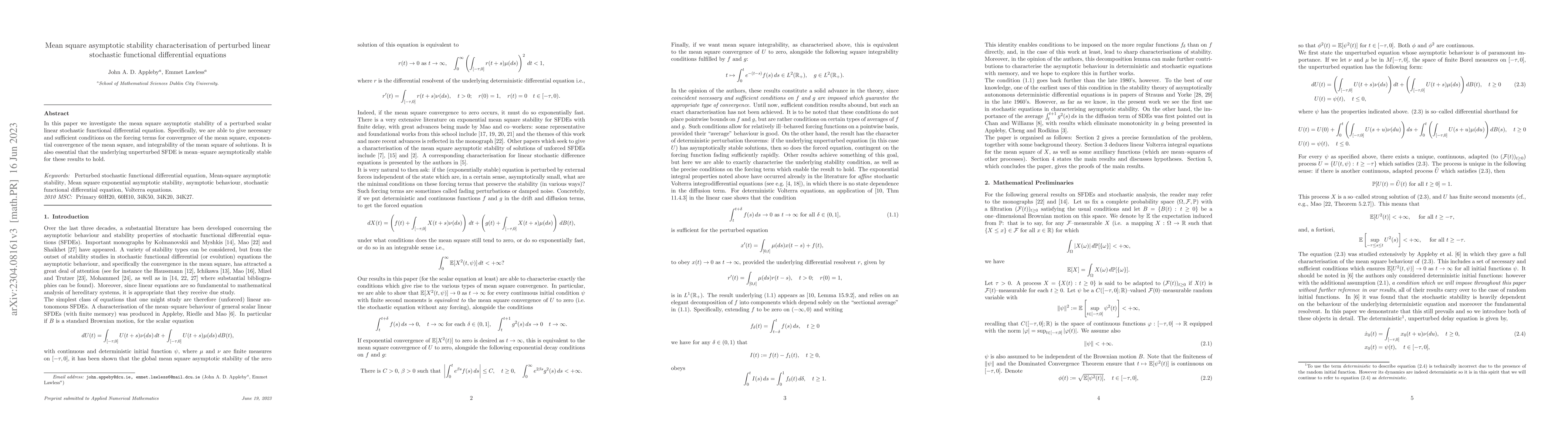 Thumbnail for Mean square asymptotic stability characterisation of perturbed linear
  stochastic functional differential equations