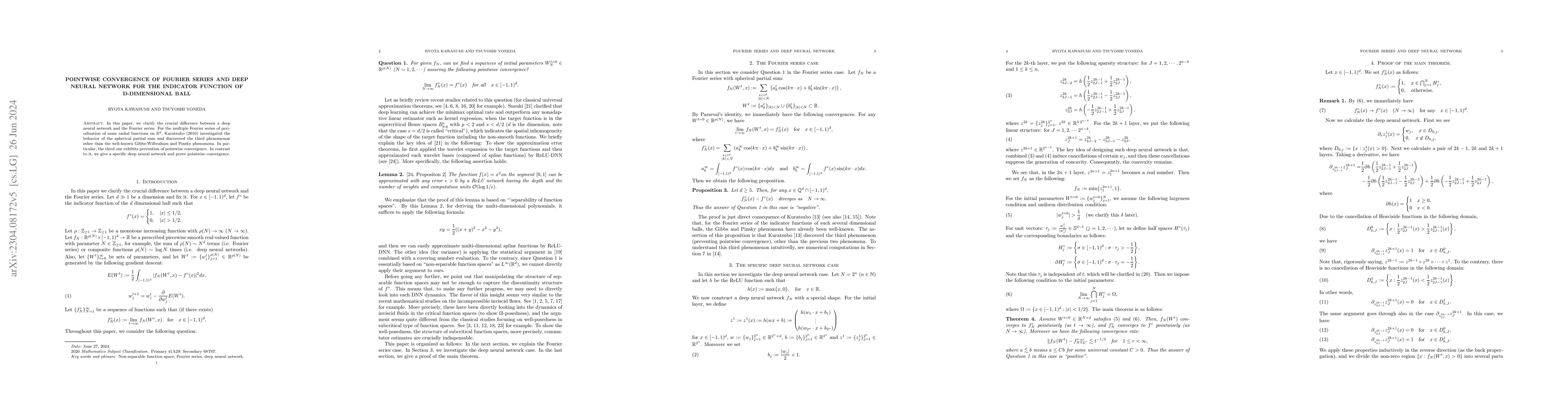 Thumbnail for Pointwise convergence of Fourier series and deep neural network for the
  indicator function of d-dimensional ball