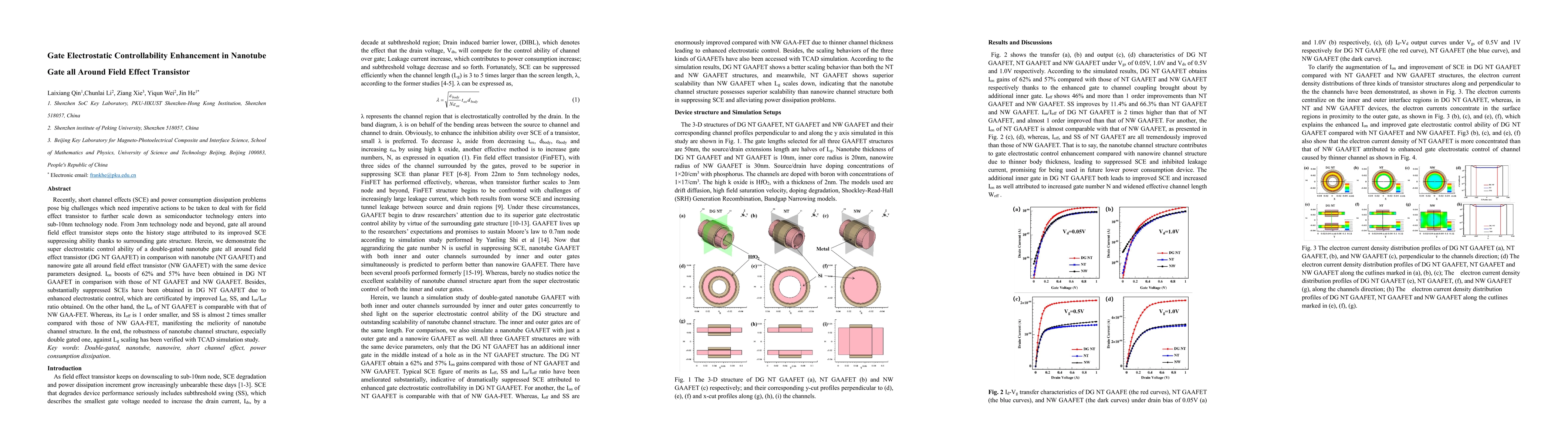 Thumbnail for Gate Electrostatic Controllability Enhancement in Nanotube Gate all
  Around Field Effect Transistor