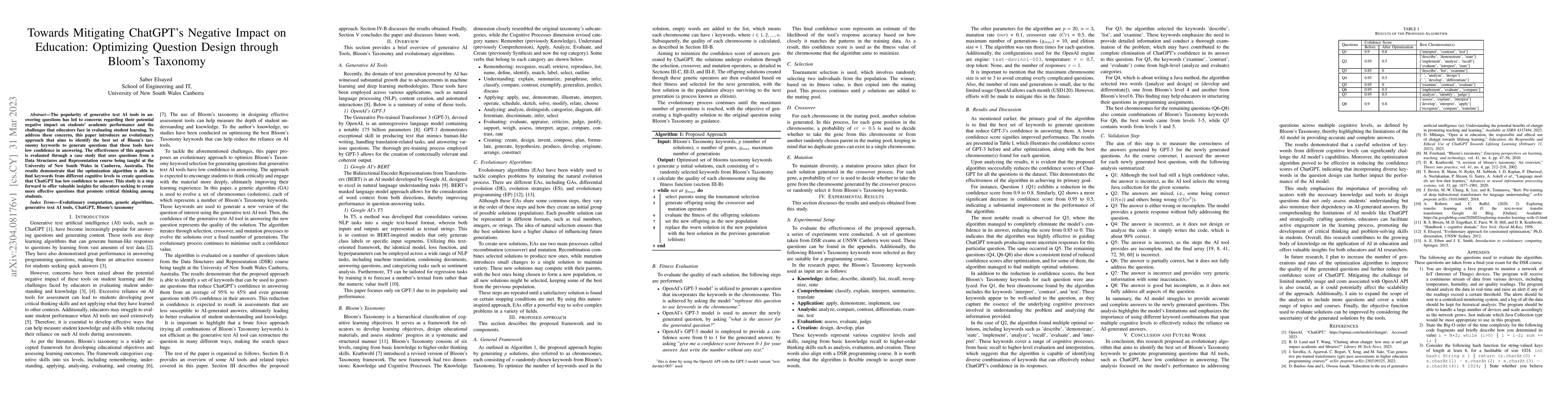 Thumbnail for Towards Mitigating ChatGPT's Negative Impact on Education: Optimizing
  Question Design through Bloom's Taxonomy