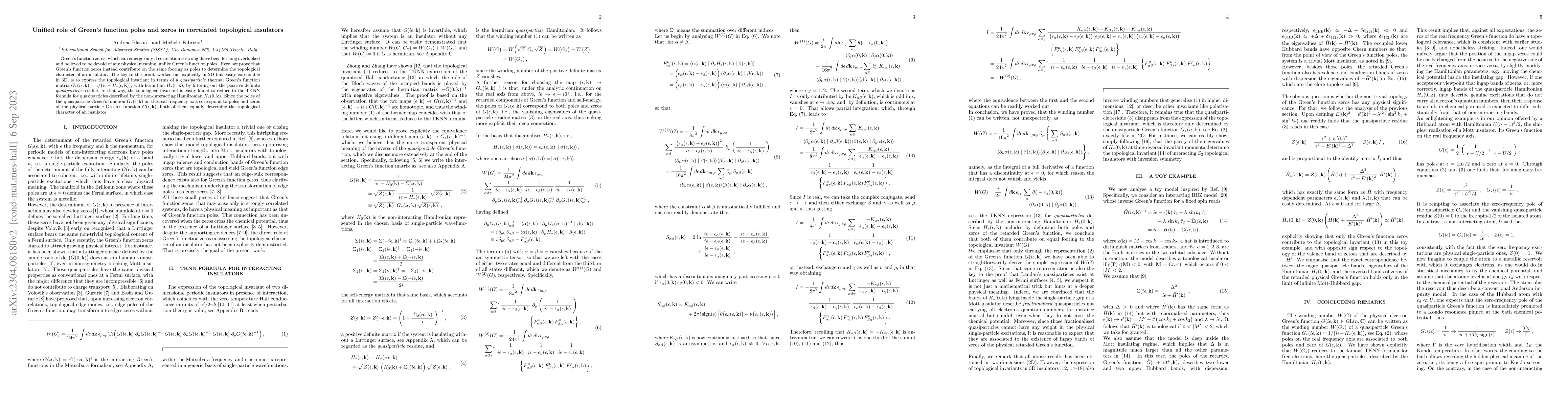 Thumbnail for Unified role of Green's function poles and zeros in topological
  insulators